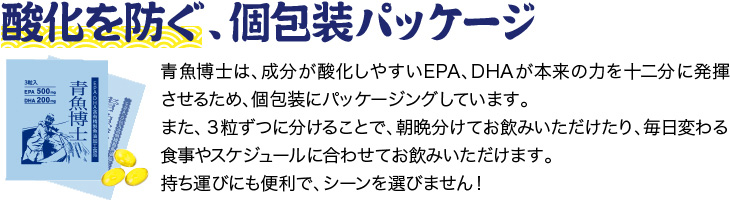 「酸化を防ぐ、個包装パッケージ」青魚博士は、成分が酸化しやすいEPA、DHAが本来の力を十二分に発揮させるため、個包装にパッケージングしています。また、３粒ずつに分けることで、朝晩分けてお飲みいただけたり、毎日変わる食事やスケジュールに合わせてお飲みいただけます。持ち運びにも便利で、シーンを選びません！